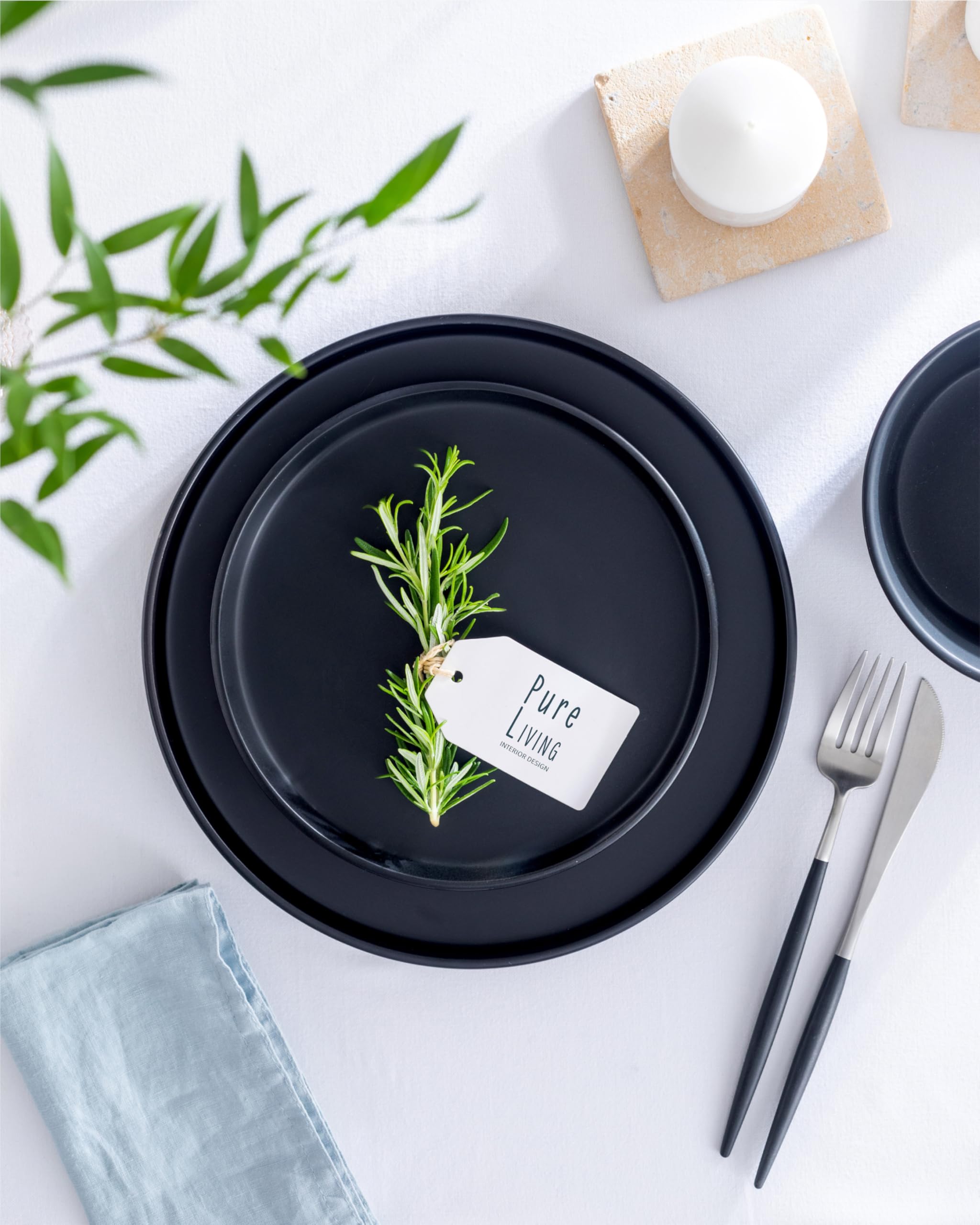 24 Piece Black Dinner Sets for 6 People - Cool Urban Style Stoneware Dinner Set for 6 - Dishwasher & Microwave Safe Plates and Bowls Set for 6 - Dinnerware Sets by Pure Living in Matte Black