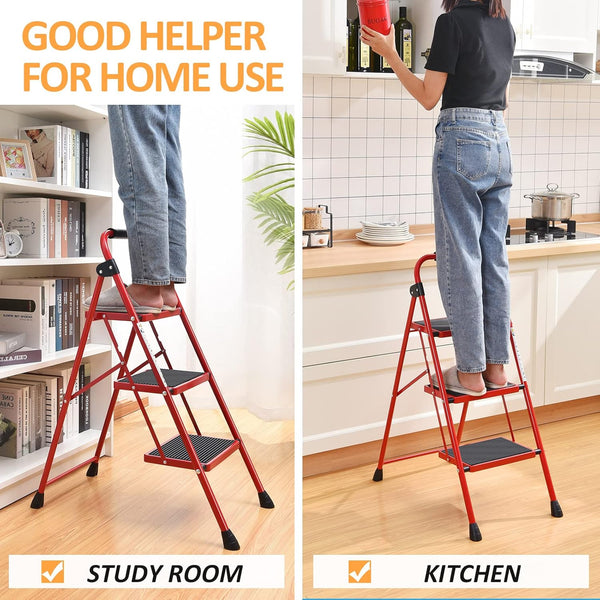 KINGRACK Folding 3-Step Ladder with Non-Slip Pedals, Sturdy Steel, Lightweight & Portable, Red