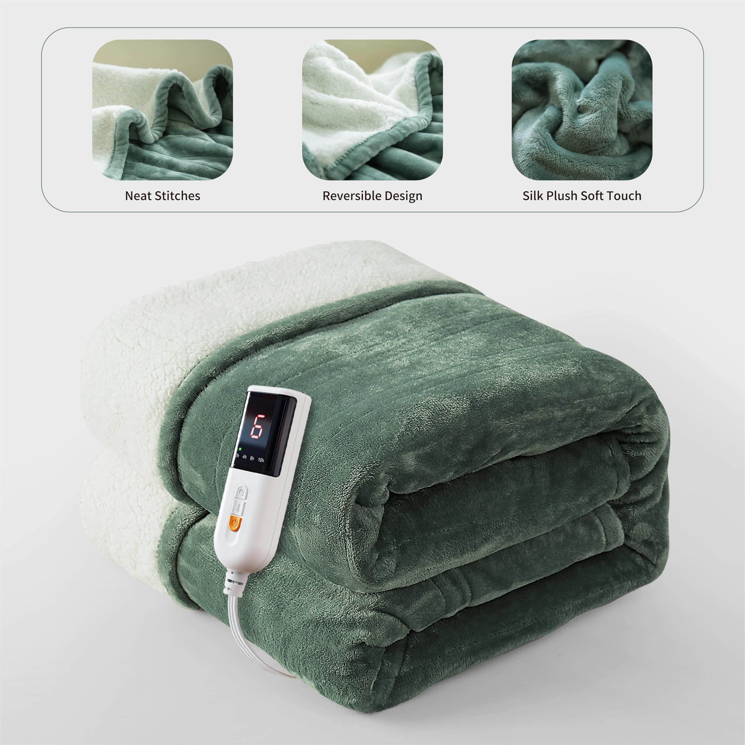 GOTCOZY Heated Blanket Electric Throw 130x160cm -Soft Silky Plush Heated Blanket with 6 Heat Settings & 10 Hours Auto-Off Timer For Home Office Use