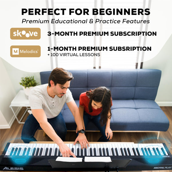 Alesis 88 Key Keyboard Piano with 480 Sounds, Speakers, USB MIDI, Sheet Music Tablet Rest, Power Adapter and Piano Lessons for Beginners
