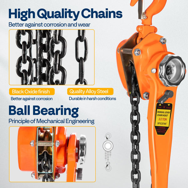 SPECSTAR Hand Chain Hoist 1250kg Capacity 3m with 2 Heavy Duty Hooks Manual Chain Fall for Warehouse Building Automotive Machinery
