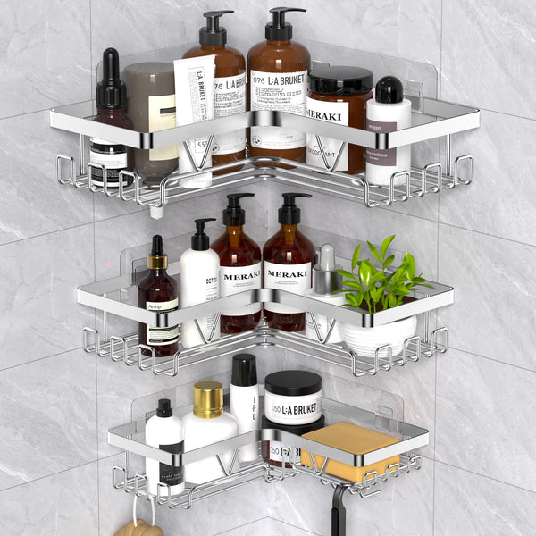 Kegii Telescopic Shower Caddy Corner - Stainless Steel Shower Shelf No Drilling Bathroom Caddy with Soap Holder and Hooks(White), On The Bath or Stand Up Shower