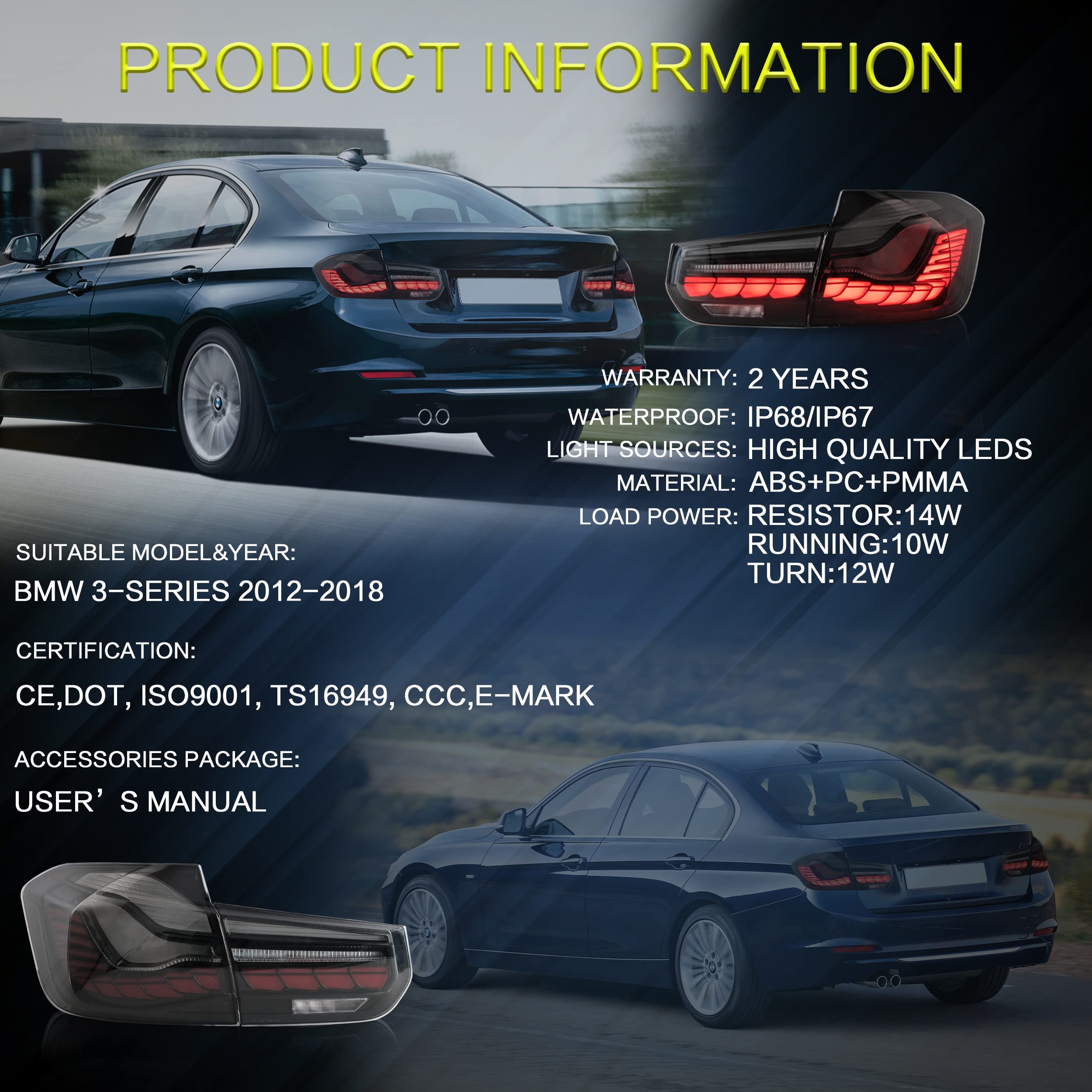 VLAND OLED Rear Lights Compatible with 2013-2018 BMW 3 Series F30 F35 F80 320i 328i 335i Sedan (Not for F31 F34), Tail Lights with Sequential Indicators, E-mark, Red