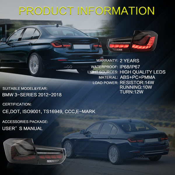 VLAND OLED Rear Lights Compatible with 2013-2018 BMW 3 Series F30 F35 F80 320i 328i 335i Sedan (Not for F31 F34), Tail Lights with Sequential Indicators, E-mark, Red