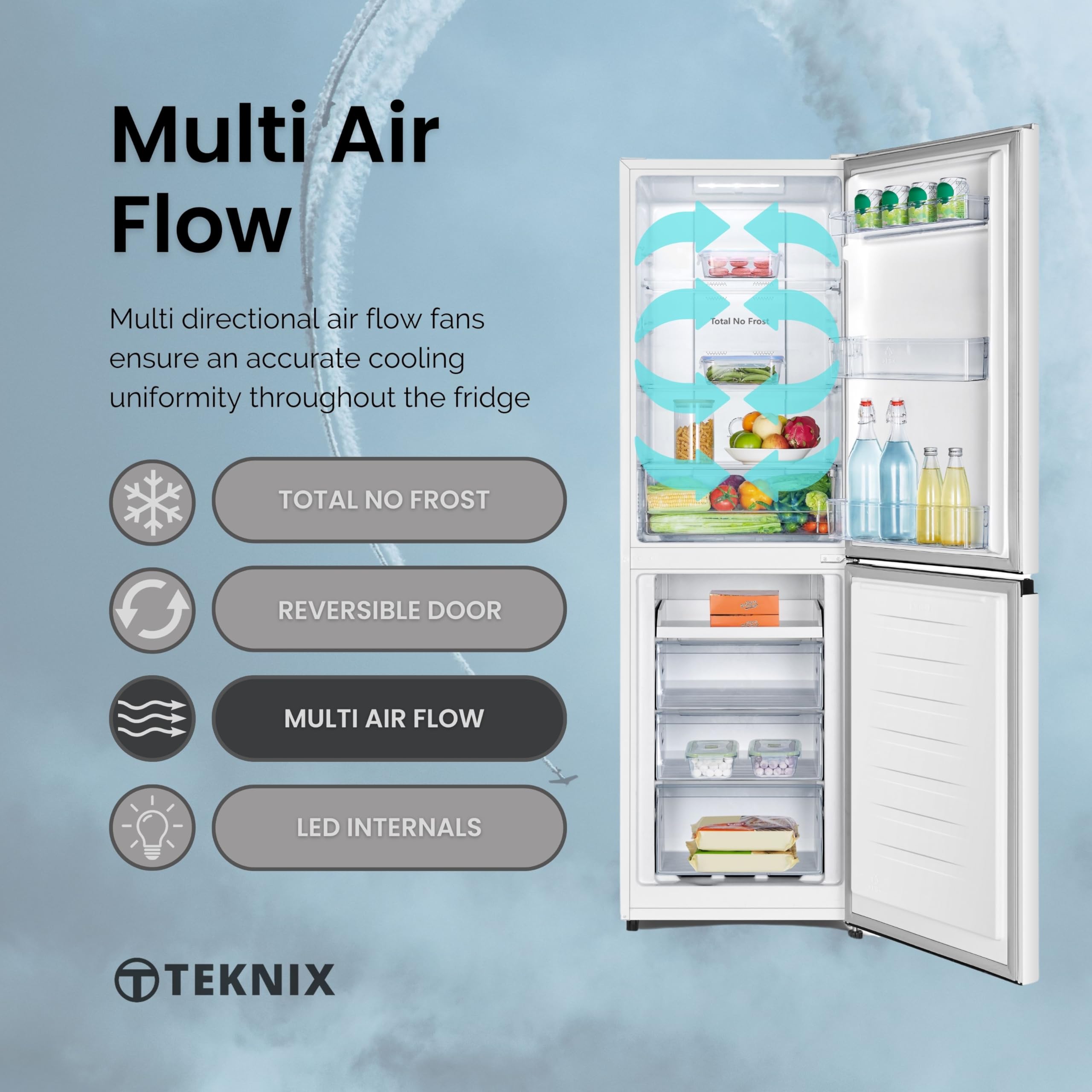 Teknix FFH1825WB 55cm Freestanding 50/50 Fridge Freezer - 256 Litre Capacity - Total No Frost - Non-plumbed Water Dispenser - Black, H182.5 x W55 x D56.2 (cm)