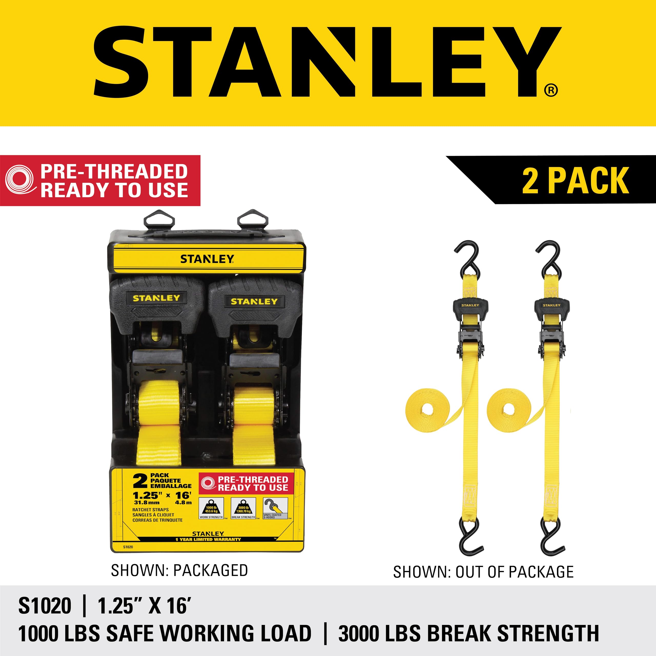 STANLEY S1007 Black/Yellow 1.5" x 16' Ratchet Tie Down Straps - 1,100 lb Safe Working Load / 3,300 lb Break Strength, 2 Pack