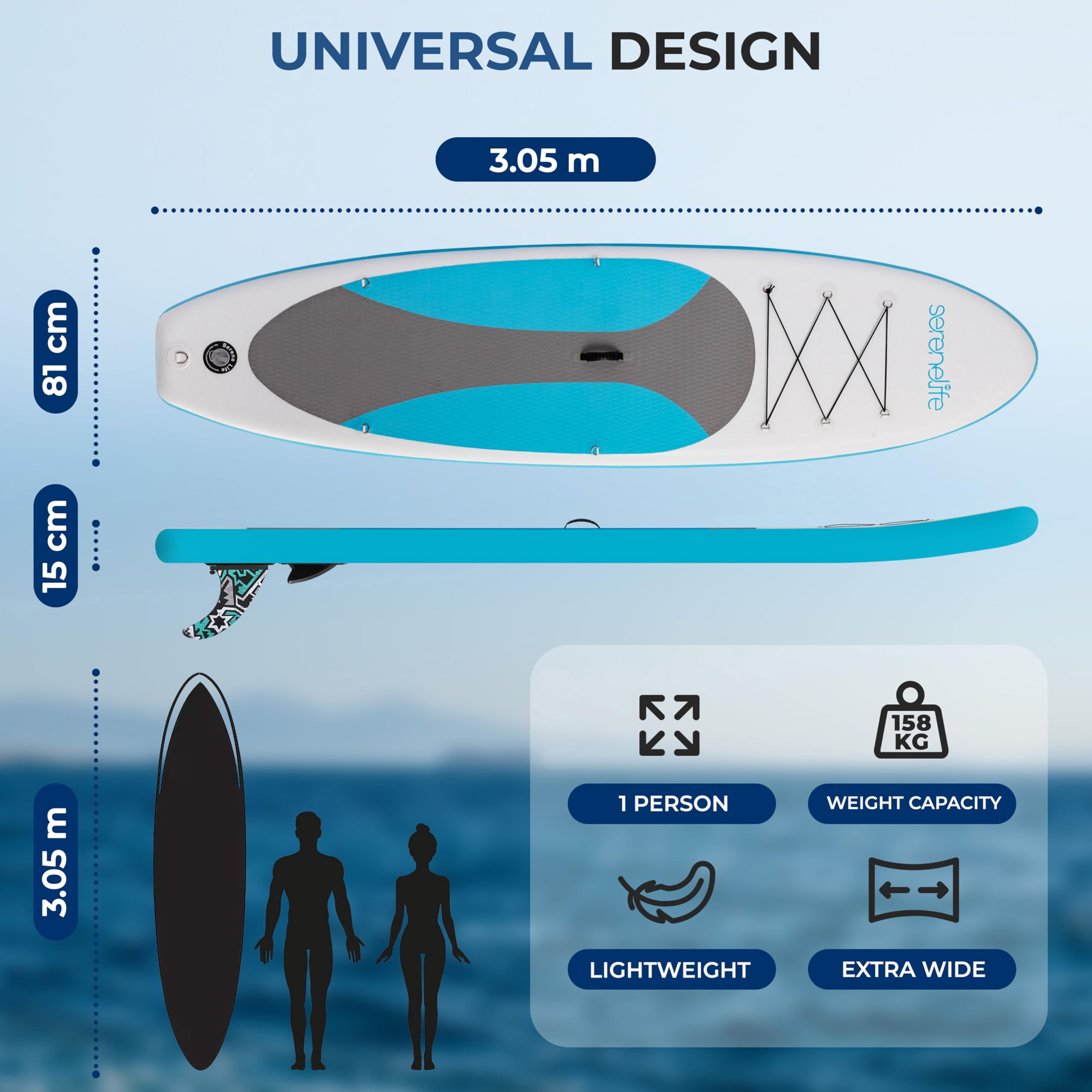 SereneLife Inflatable Stand Up Paddle Board, SUP Board- Paddleboards for Adults & Youth, Surfing Board Kit, 0.63cm Thick Standup Paddleboarding, Non-Slip Deck, Wide Stance, Surf Control w/Backpack