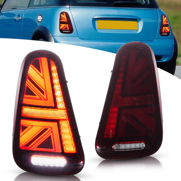 VLAND LED Rear Lights Compatible with Mini Cooper R50 R52 R53 2001-2006 1st Gen Hatch/Convertible, Union Jack Tail Lights w/Startup Dynamic Display & Sequential Indicator, 1 Set (Red)