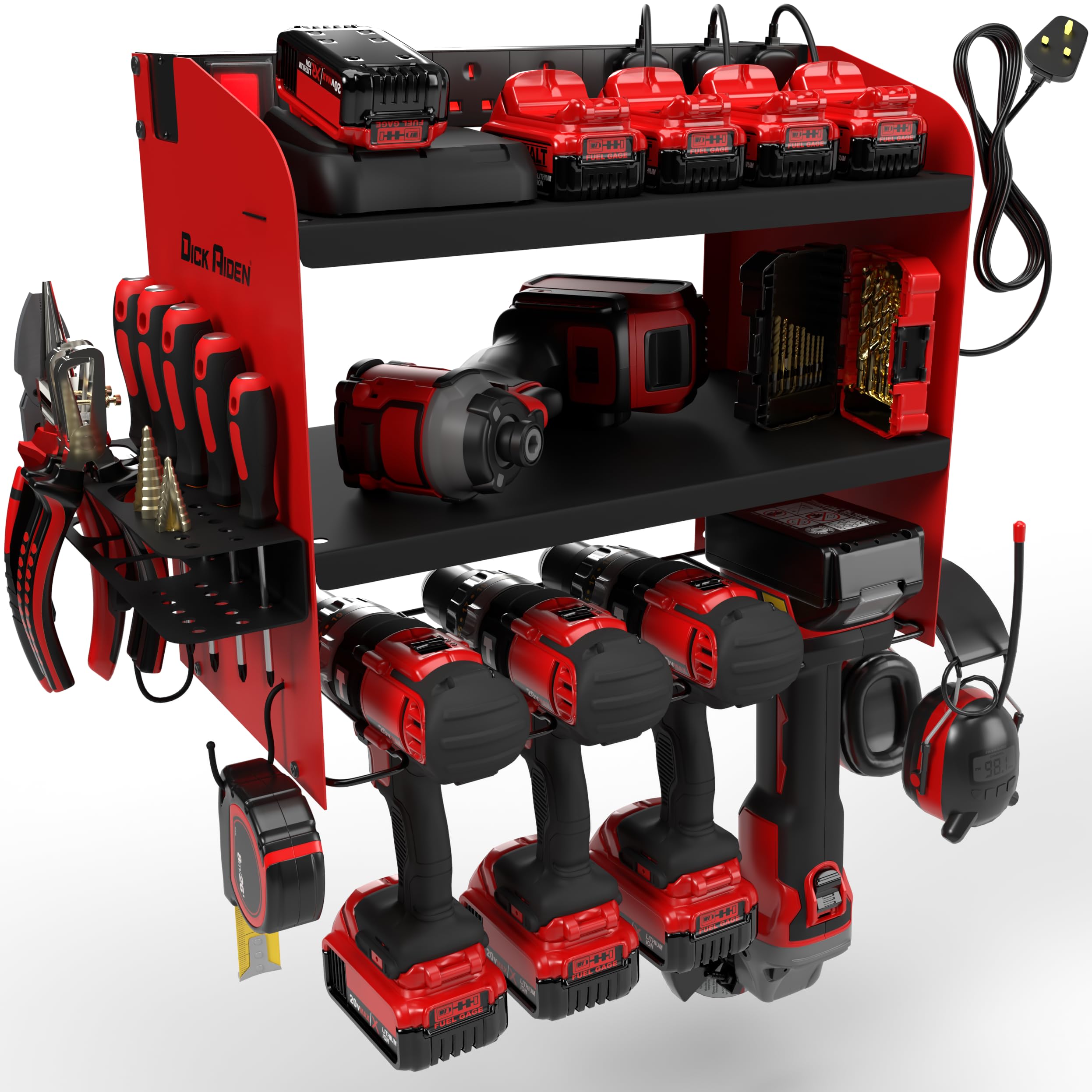 Toolganize Power Tool Organiser, Storage Rack with Power Strip Charging Station, Heavy-Duty for Workshop & Garage Tools - 4 Slot, Milwaukee Red.