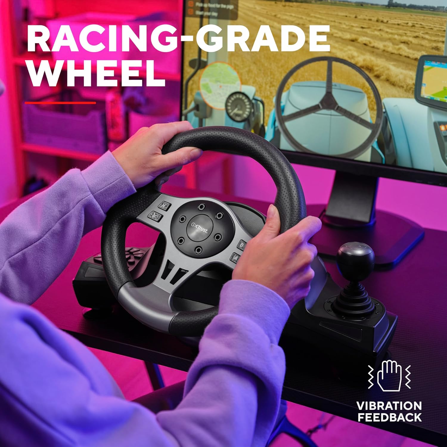 Trust GXT 289 Steering Wheel for Gaming PC, Xbox Series X/S, PS4, Nintendo Switch, Racing Wheel with Pedals, Paddle Shifters, Gear Stick, Vibration Feedback, for Farming Simulator / F1 / Gran Turismo