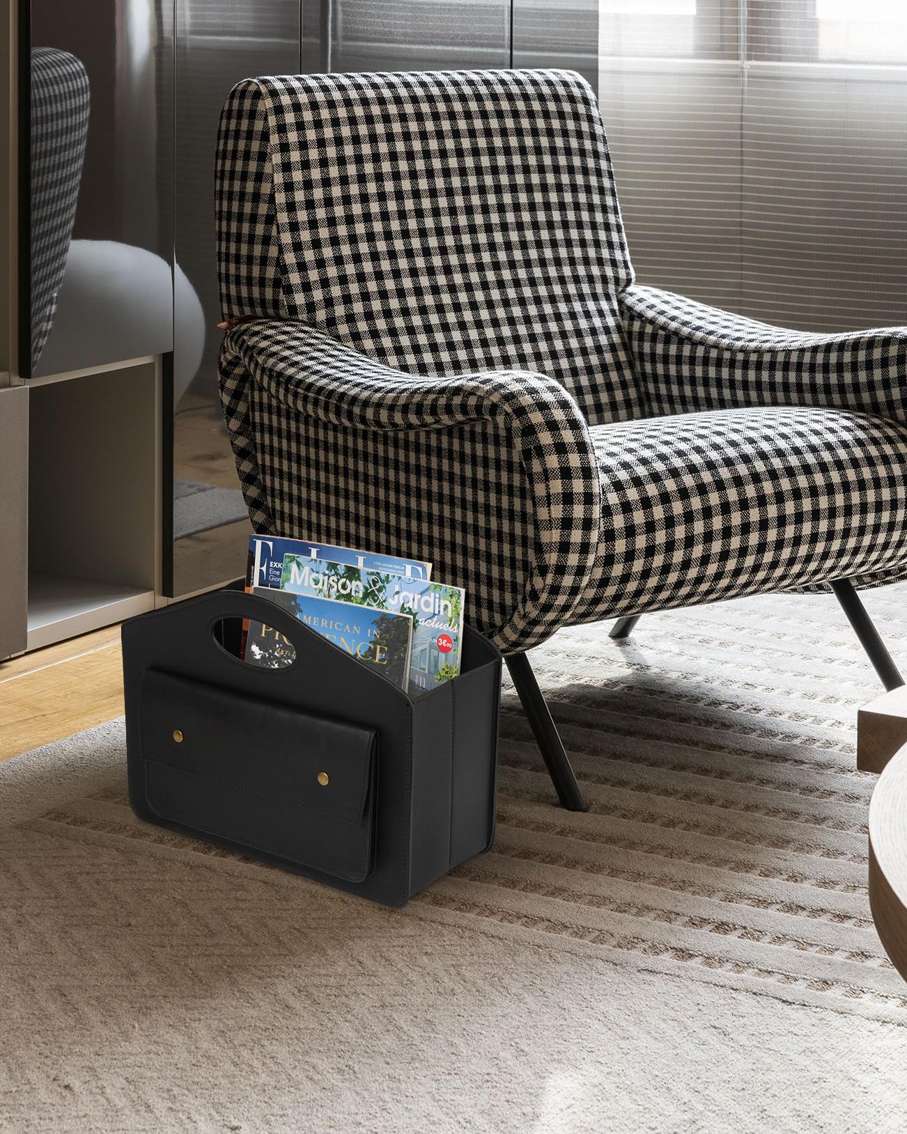 HofferRuffer Leather Magazine Holder Newspaper Rack with Handle Foldable Storage Basket with Little Front Bag Multipurpose Organizer Black 13.8*11*6