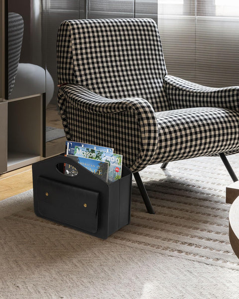 HofferRuffer Leather Magazine Holder Newspaper Rack with Handle Foldable Storage Basket with Little Front Bag Multipurpose Organizer Black 13.8*11*6