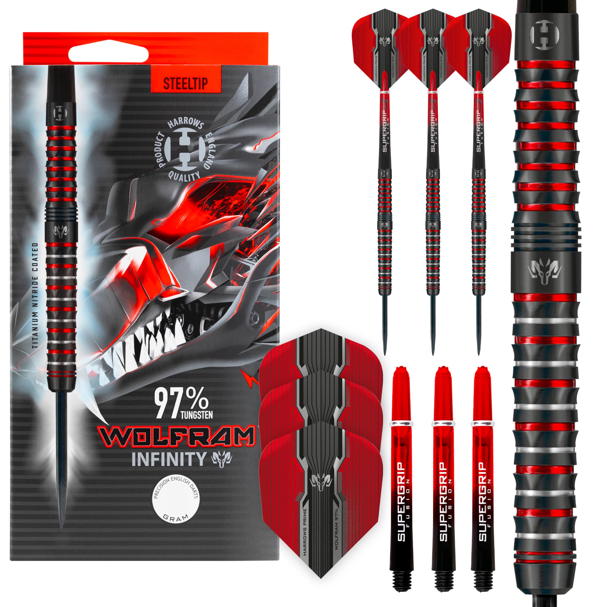Harrows Wolfram Infinity Steel Tip Tungsten Darts Set 21g, 22g, 23g & 24g - Includes Supergrip Fusion Shafts & Prime Wolfram Infinity Flights (21g)