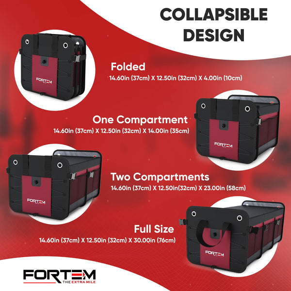 FORTEM Car Boot Organiser, SUV Boot Tidy, Trunk Storage, Collapsible Multi Compartment Car Organiser, Non Slip Bottom, Adjustable Securing Straps, Foldable Cover (65L)