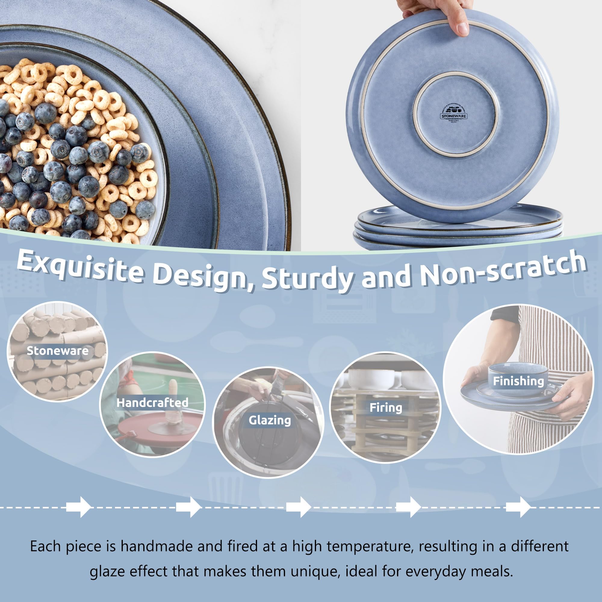 Homikit 12 Piece Dinner Set, Reactive Glaze Kitchen Dinnerware Sets for 4, Elegant Stoneware Included Plates and Bowls, Non-Scratch & Sturdy,