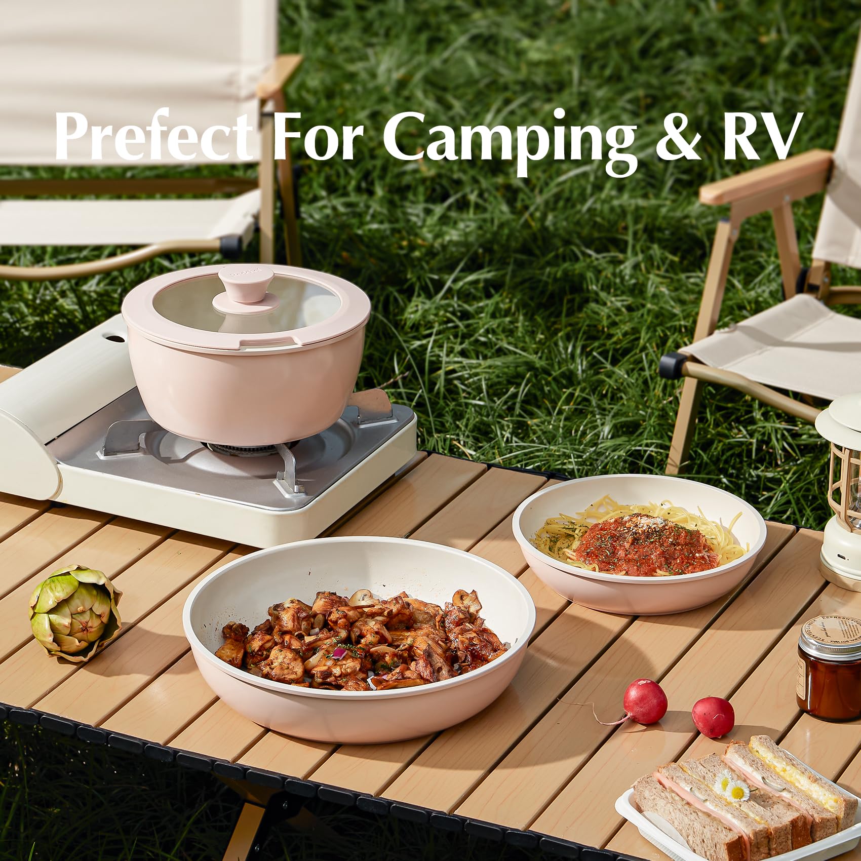 Redchef Ceramic Pots and Pans Set Non Stick, 16 pcs Nonstick Cookware Set with Detachable Handle, Non Toxic, PFAS PFOA & PTFE Free, RV Ceramic Cookware Set for Camping, Oven Safe (Pink)