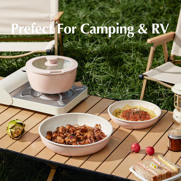 Redchef Ceramic Pots and Pans Set Non Stick, 16 pcs Nonstick Cookware Set with Detachable Handle, Non Toxic, PFAS PFOA & PTFE Free, RV Ceramic Cookware Set for Camping, Oven Safe (Pink)