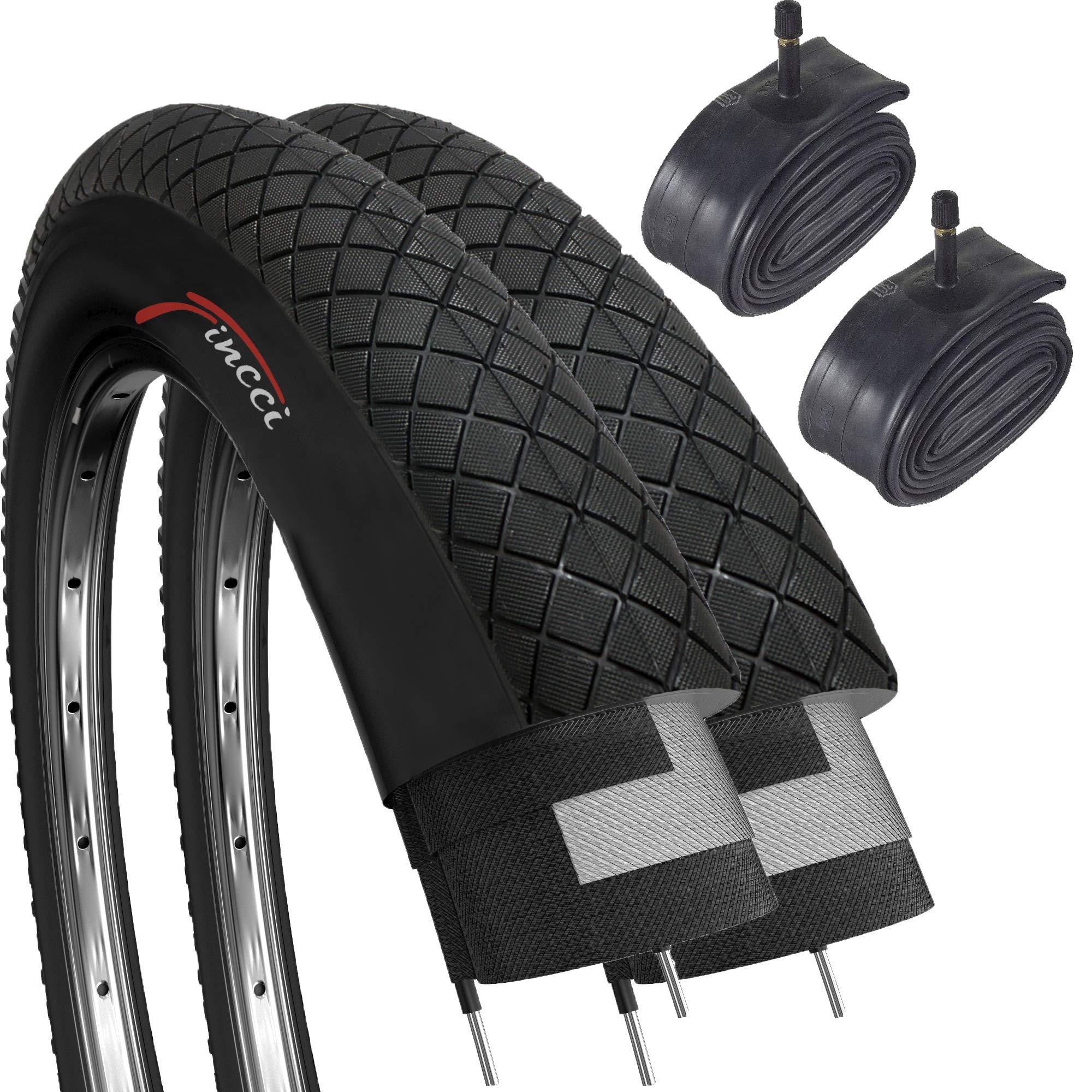 Fincci BMX Bike Tyres 20 x 1.95 Inch - Set Bicycle Tires 53-406 with 2x 20-Inch Schrader Inner Tubes - Pack of 2 Accessories for BMX and MTB bikes for