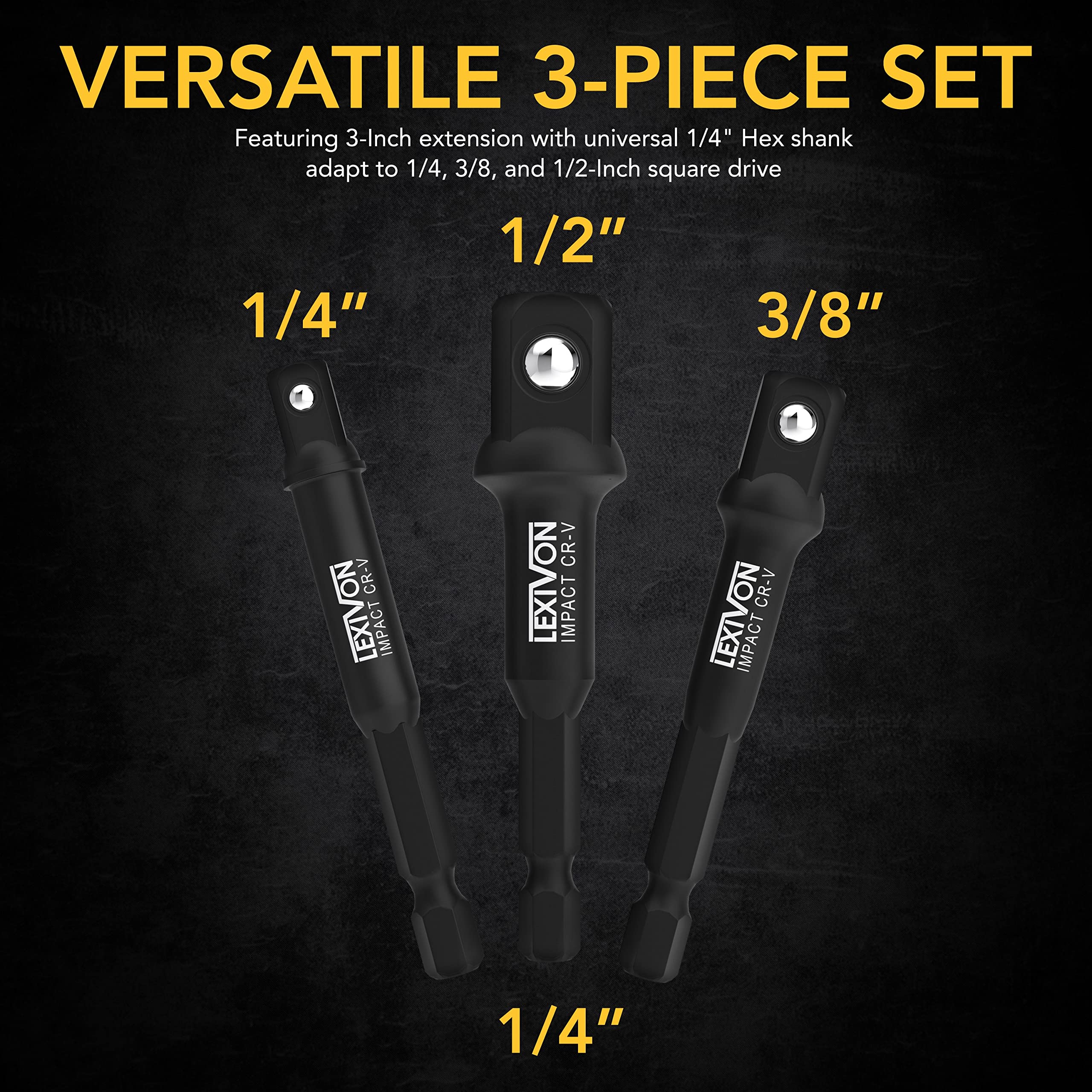 LEXIVON Impact Grade Socket Adapter Set, 3" Extension Bit with Holder | 3-Piece 1/4", 3/8", and 1/2" Drive, Adapt Your Power Drill to High Torque Impact Wrench (LX-101)