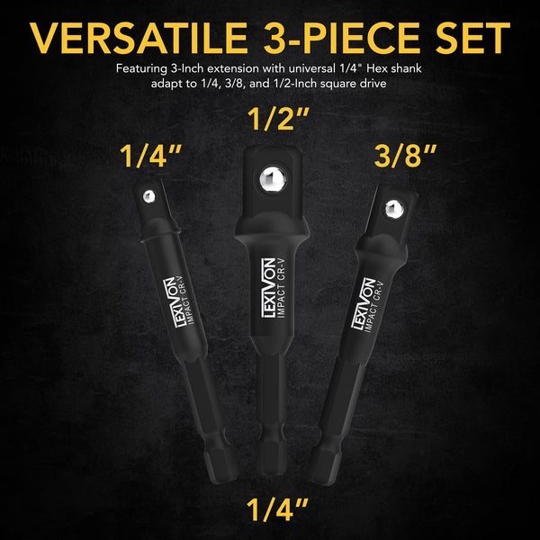 LEXIVON Impact Grade Socket Adapter Set, 3" Extension Bit with Holder | 3-Piece 1/4", 3/8", and 1/2" Drive, Adapt Your Power Drill to High Torque Impact Wrench (LX-101)