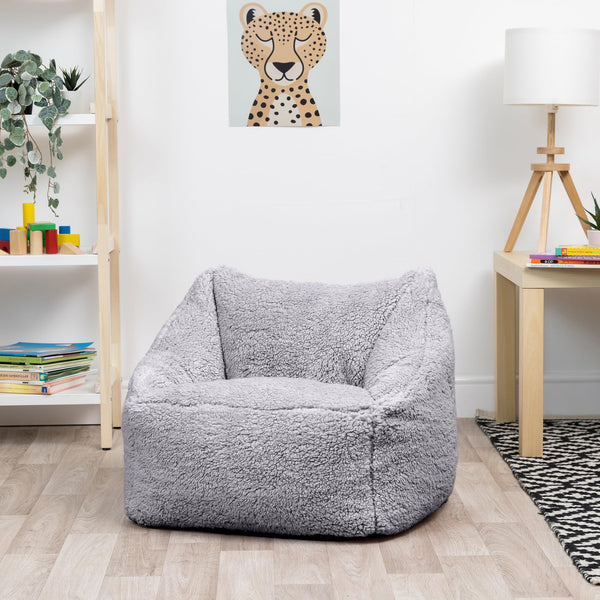 icon Kids Teddy Fleece Bean Bag Chair, Grey, Fluffy Kids Bean Bag Armchair with Filling Included for Girls and Boys, Childrens Chair, Nursery Dcor,