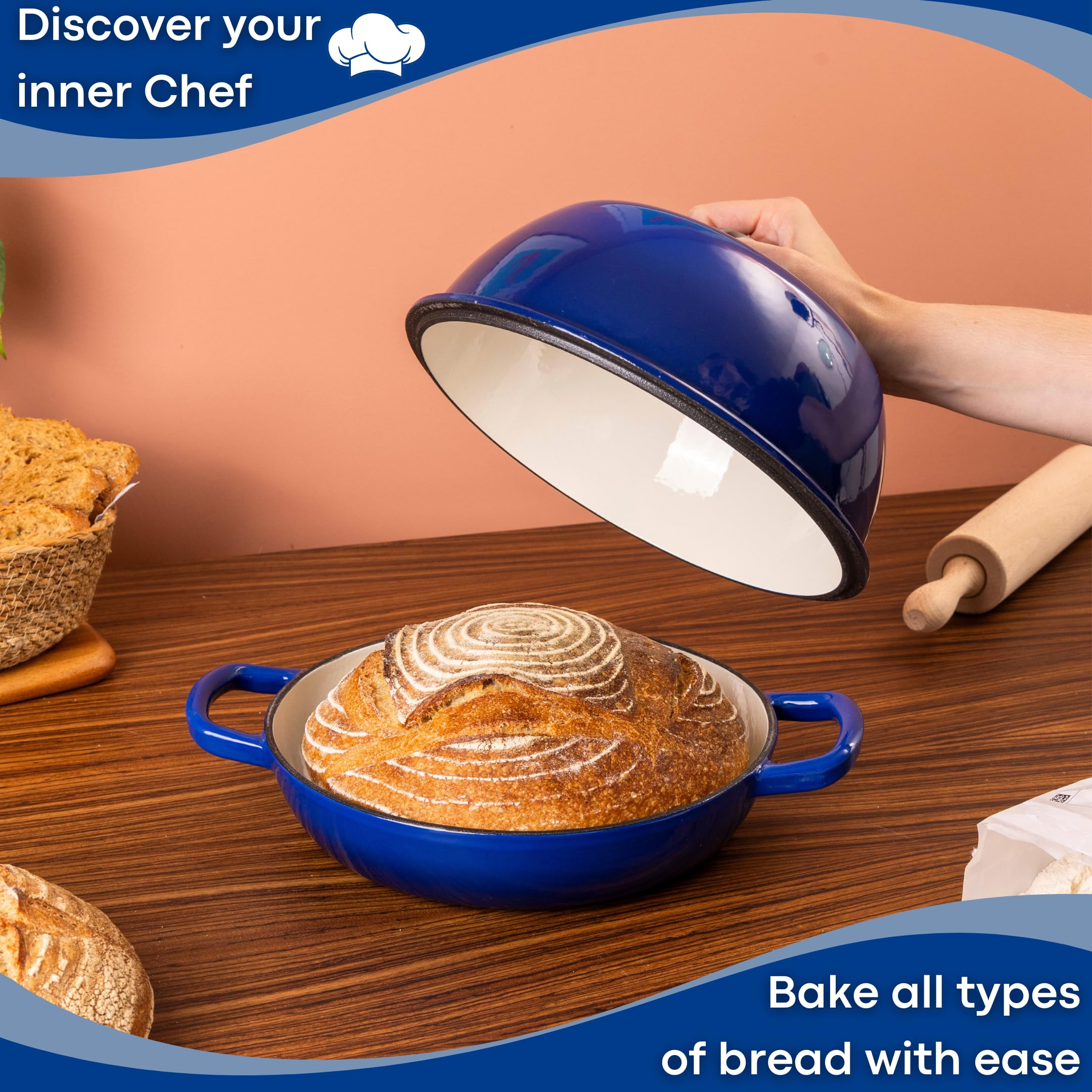 Enamelled Cast Iron Dutch Oven Pot  Dutch Oven For Sourdough Bread Baking  Cast Iron Bread Pot  Dark Blue, 6 Quarts, 22cm  by Nuovva