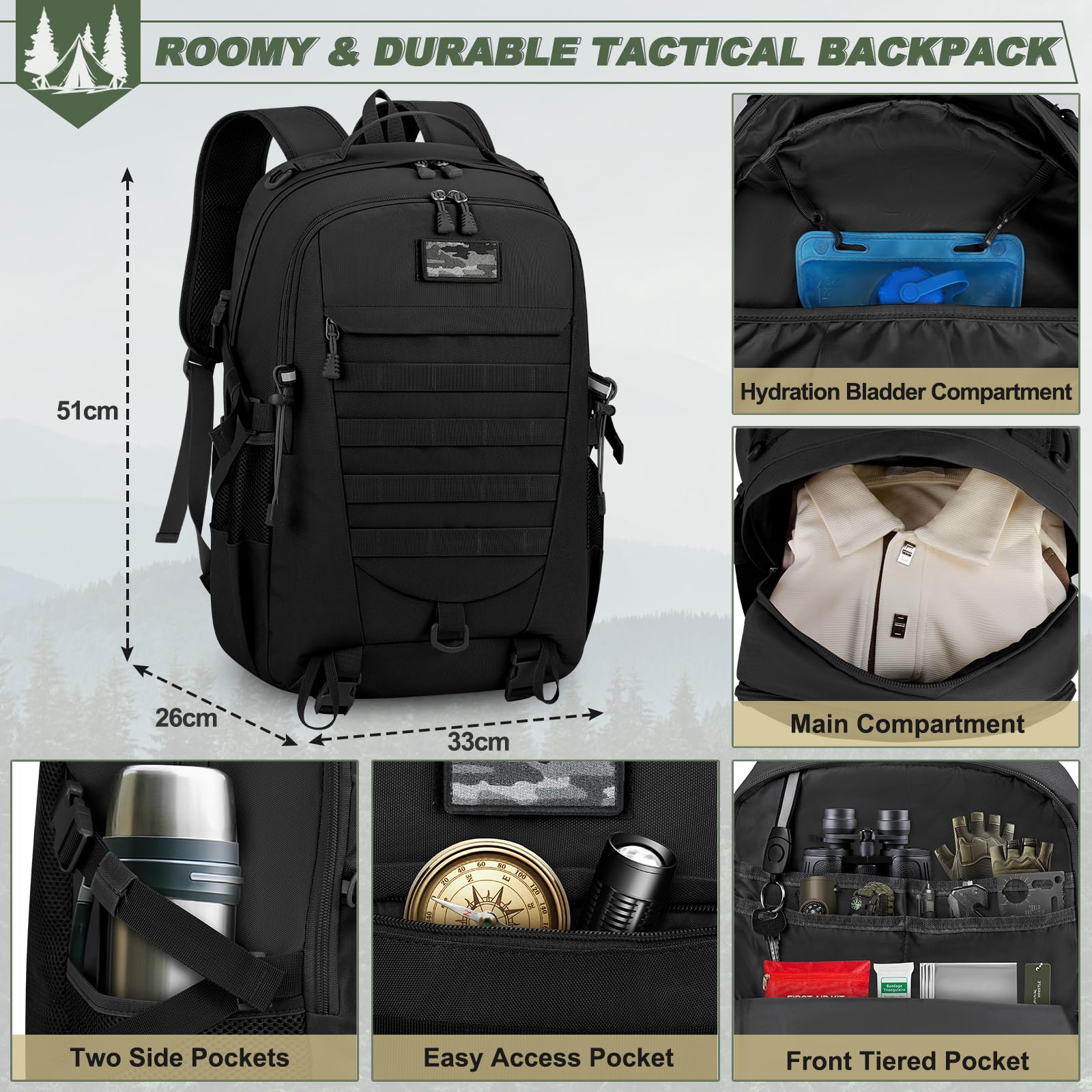 RAINSMORE Military Tactical Backpack Large Hiking Camping Rucksack 40L Water Resistant Molle Hunting Trekking Rucksack Black