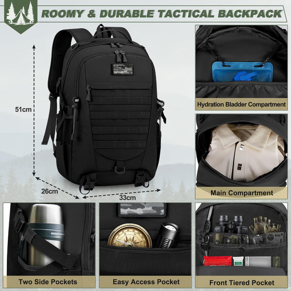 RAINSMORE Military Tactical Backpack Large Hiking Camping Rucksack 40L Water Resistant Molle Hunting Trekking Rucksack Black