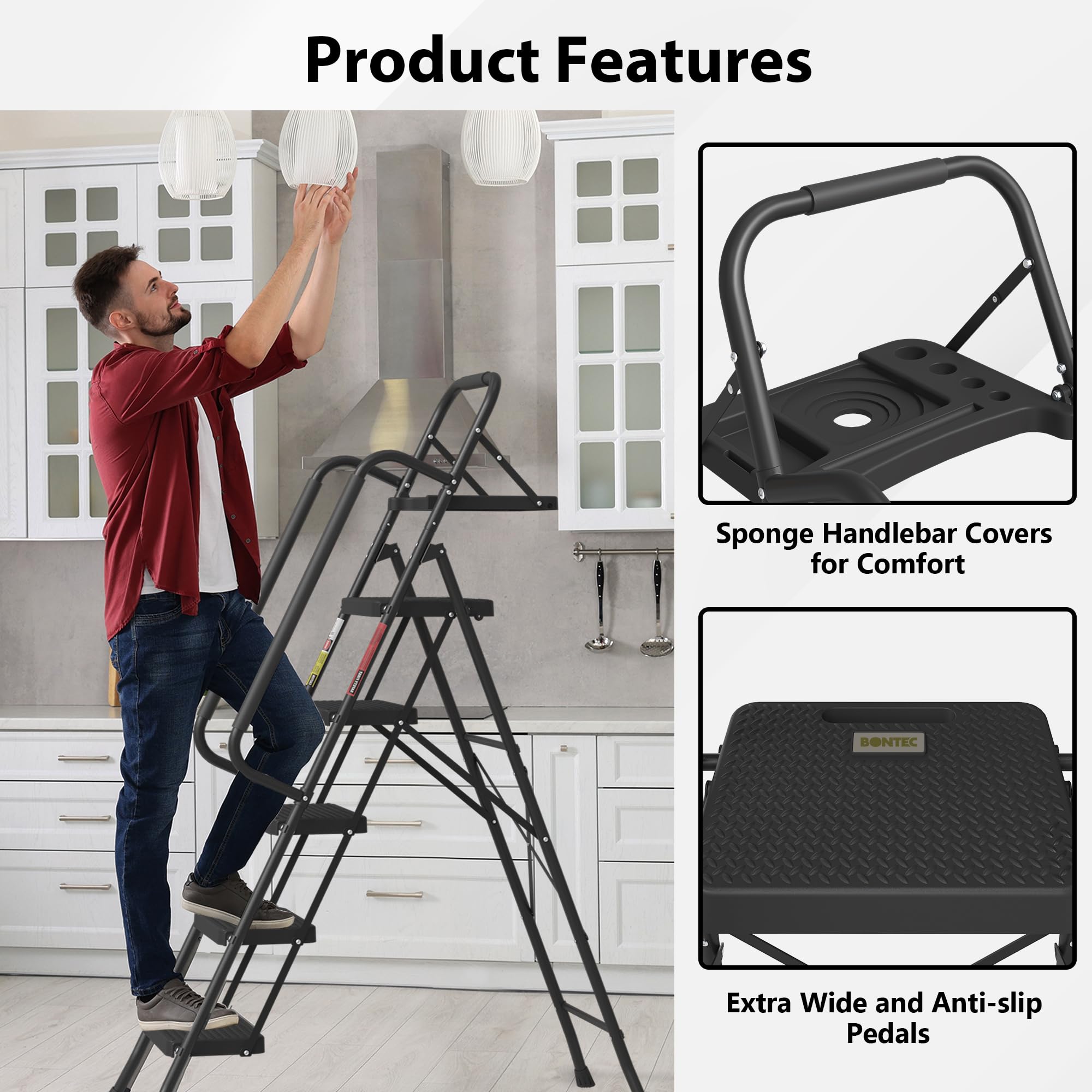 BONTEC 2 Step Ladder, Capacity 150KG with Wide Anti-Slip Pedals, Folding Steel Step Stool, Sponge Handlebar, Lightweight Portable Ladder Suitable for Home, Kitchen, Pantry, Indoor/Outdoor Use, Black