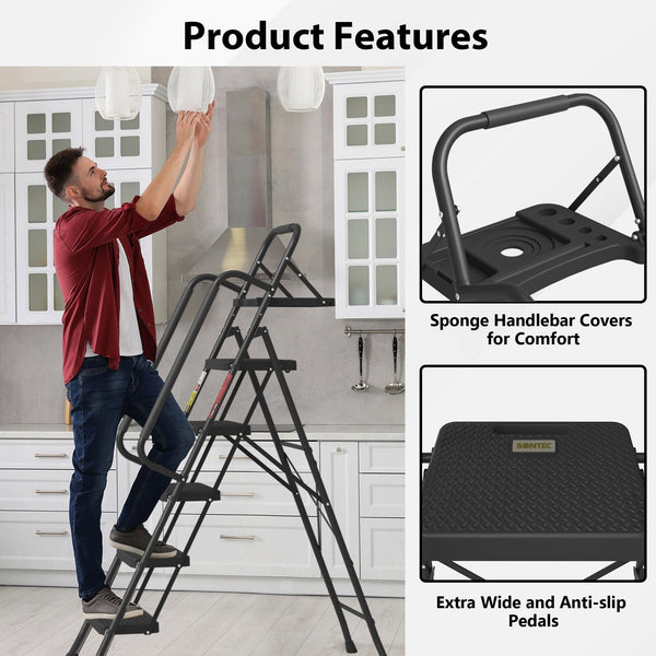 BONTEC 4 Step Ladder Folding, Heavy Duty Foldable Step Stool with Wide Anti-Slip Pedals, Sponge Handrail and Tool Tray, Portable Household Ladder 150kg Capacity, Compact Collapsible Indoor Ladder