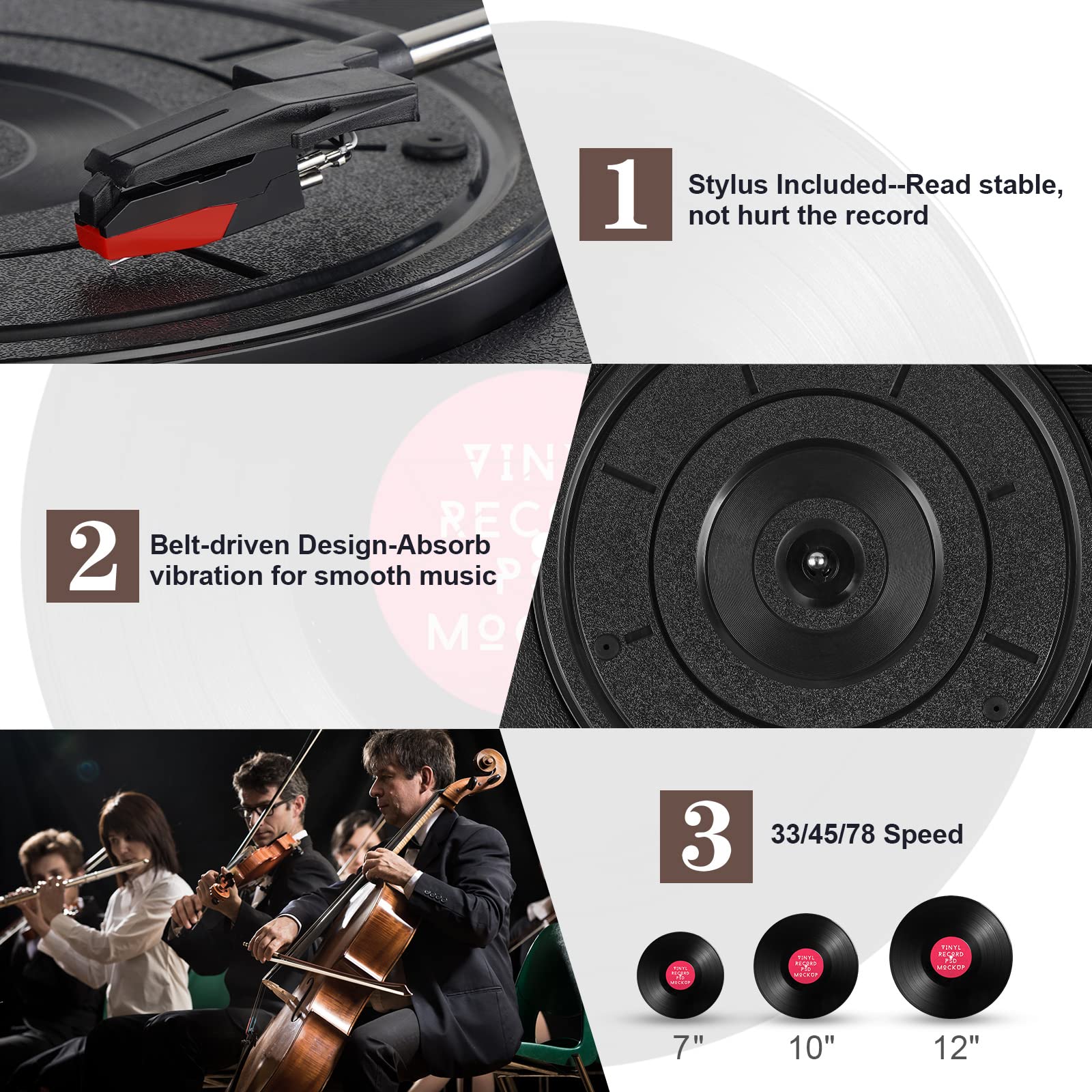 Retro Vinyl Record Player Bluetooth Desktop Phonograph Belt-Drive Turntable with External Speakers,Dual Stereo Speakers LP Players AUX Headphone Input RCA Out, 3 Speeds 3 Sizes Wood Brown