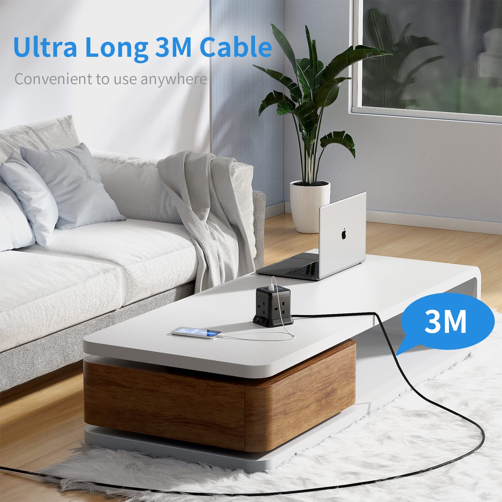 Hulker 3M Cube Extension Lead with 3 Slots 4 Gang Plug Socket with Switch 4 Way Power Strip with 3 USB Port 3 Metre Extension Cable Black 13A 3250W for Home Dorm Office