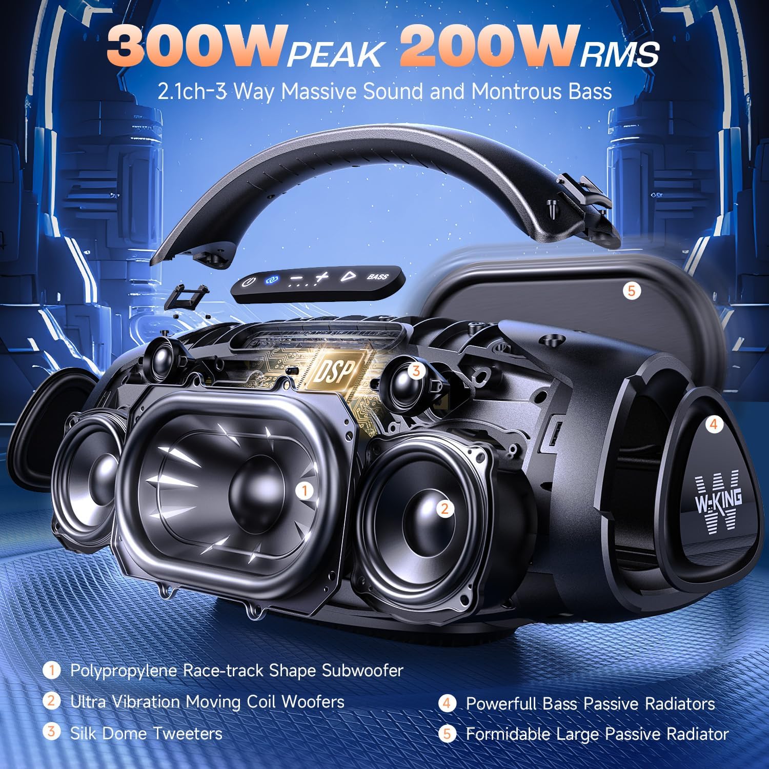 W-KING Bluetooth Speaker X20, 300W PEAK 200W RMS Portable Speaker Party with 40Hz Massive Boom box, 7.5'' Subwoofer, IPX7, EQ APP, 2.1 Ch, V5.4, 30H, MIC-GTR, Fast Charging, for Camping, Beach, Garden