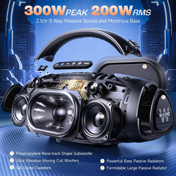 W-KING Bluetooth Speaker X20, 300W PEAK 200W RMS Portable Speaker Party with 40Hz Massive Boom box, 7.5'' Subwoofer, IPX7, EQ APP, 2.1 Ch, V5.4, 30H, MIC-GTR, Fast Charging, for Camping, Beach, Garden