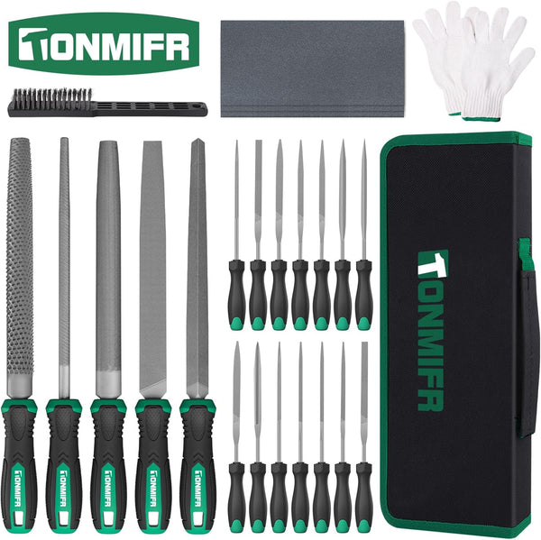 Tonmifr Professional Metal File Set 34Pcs Industrial Grade High Carbon Steel,5 Shapes (Flat/Half Round/Round/Triangle/Square) for Hardened Steel, Metalworking Tools with Storage Case,14 Needle Files