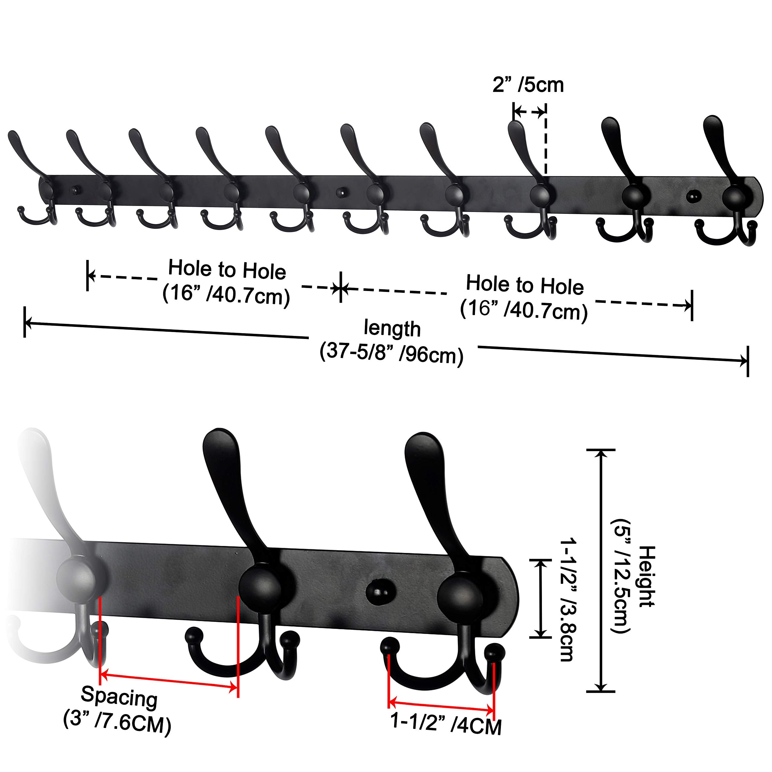 Dseap Wall Mounted Coat Rack - 96cm Long 10 Tri Hooks, Heavy Duty Stainless Steel Metal Coat Hanger Rail Wall Hooks for Coats Hats Clothing Clothes