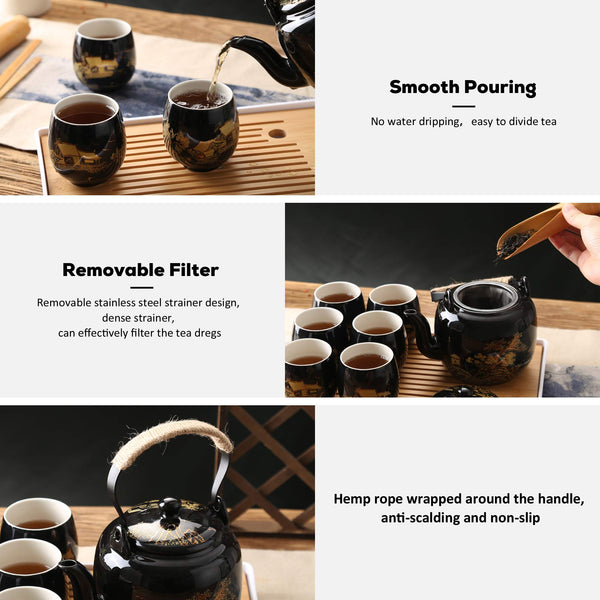 Dujust Japanese Tea Set, Black Porcelain Tea Set with 1 Teapot Set, 6 Tea Cups, 1 Tea Tray, 1 Stainless Infuser, Beautiful Asian Tea Set for Tea