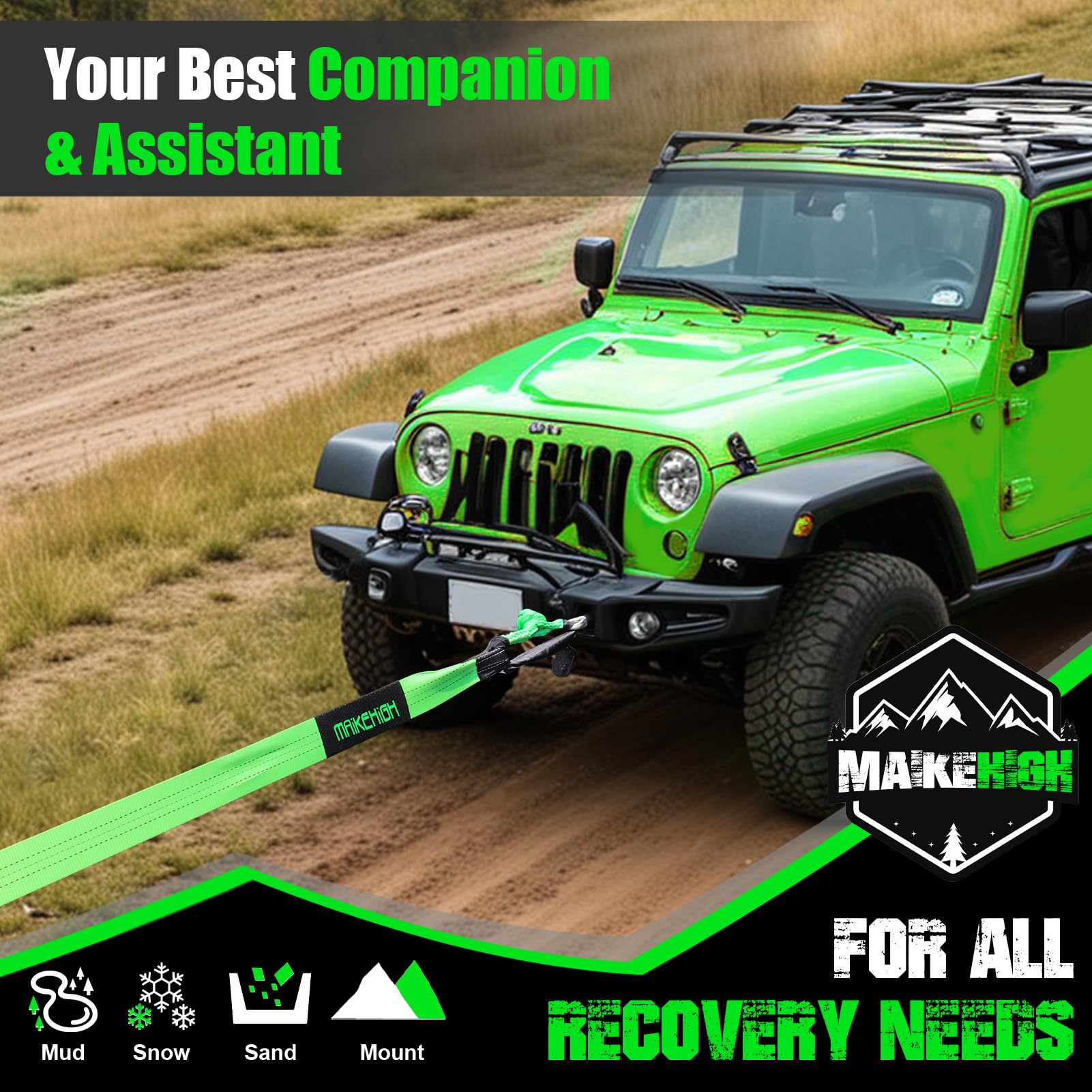 MAIKEHIGH Tow Rope 15 Ton (33,700 Lbs), 6M x 7.6cm Off-Road Recovery Towing Strap with 2 Gloves for Car, Truck, SUV, Emergency (Black)