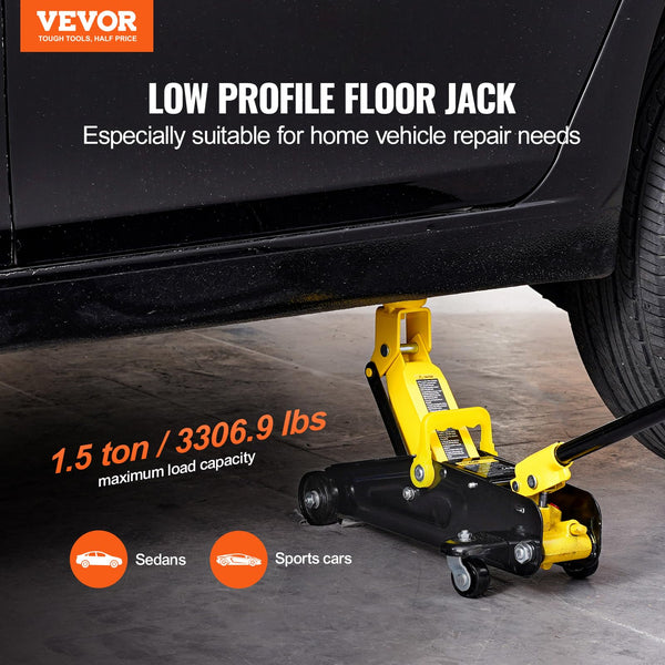 VEVOR Low Profile Floor Jack 1.5 Ton (3300 lbs), Heavy Duty Iron Hydraulic Racing Floor Jack, Hydraulic Car Jack, Single Piston Quick Lift Pump, 4.7"-12.1" Height Lifting Range (Yellow)