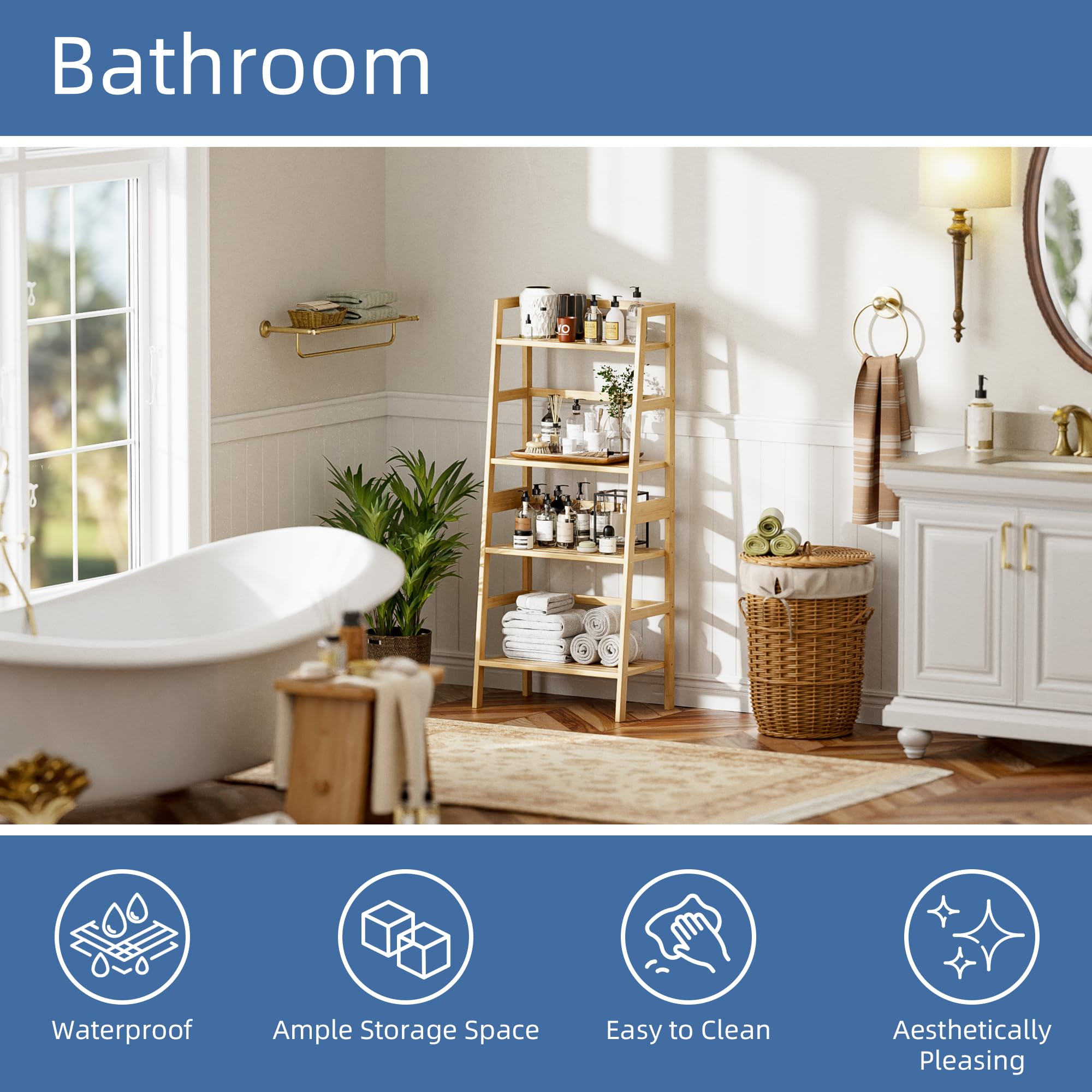 HITNET Bamboo Ladder Shelf, 4-Tier Bookshelf, Freestanding Open Bookcase Bathroom Storage Rack Organizer, Small Flower Plant Stand, Natural