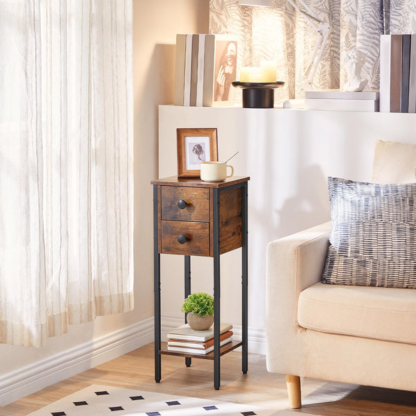 HOOBRO Narrow Bedside Table Set of 2, Slim Bedside Table, Telephone Table with 2 Drawers, Tall Side Table with Metal Frame, Small Nightstand with Open