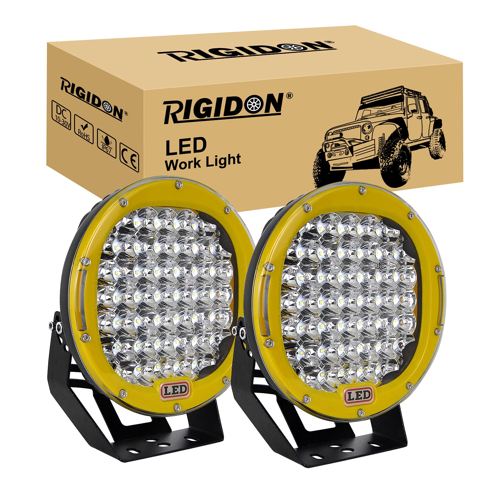 RIGIDON 2 Pcs Black Case Round Led Work Light, 9 inch 294W Spot Beam, 12V 24V Driving Lights Lamp Headlight for Car Off road Boat Truck 4x4 SUV ATV Tractors Excavator, 6000K White, Fog Lamp