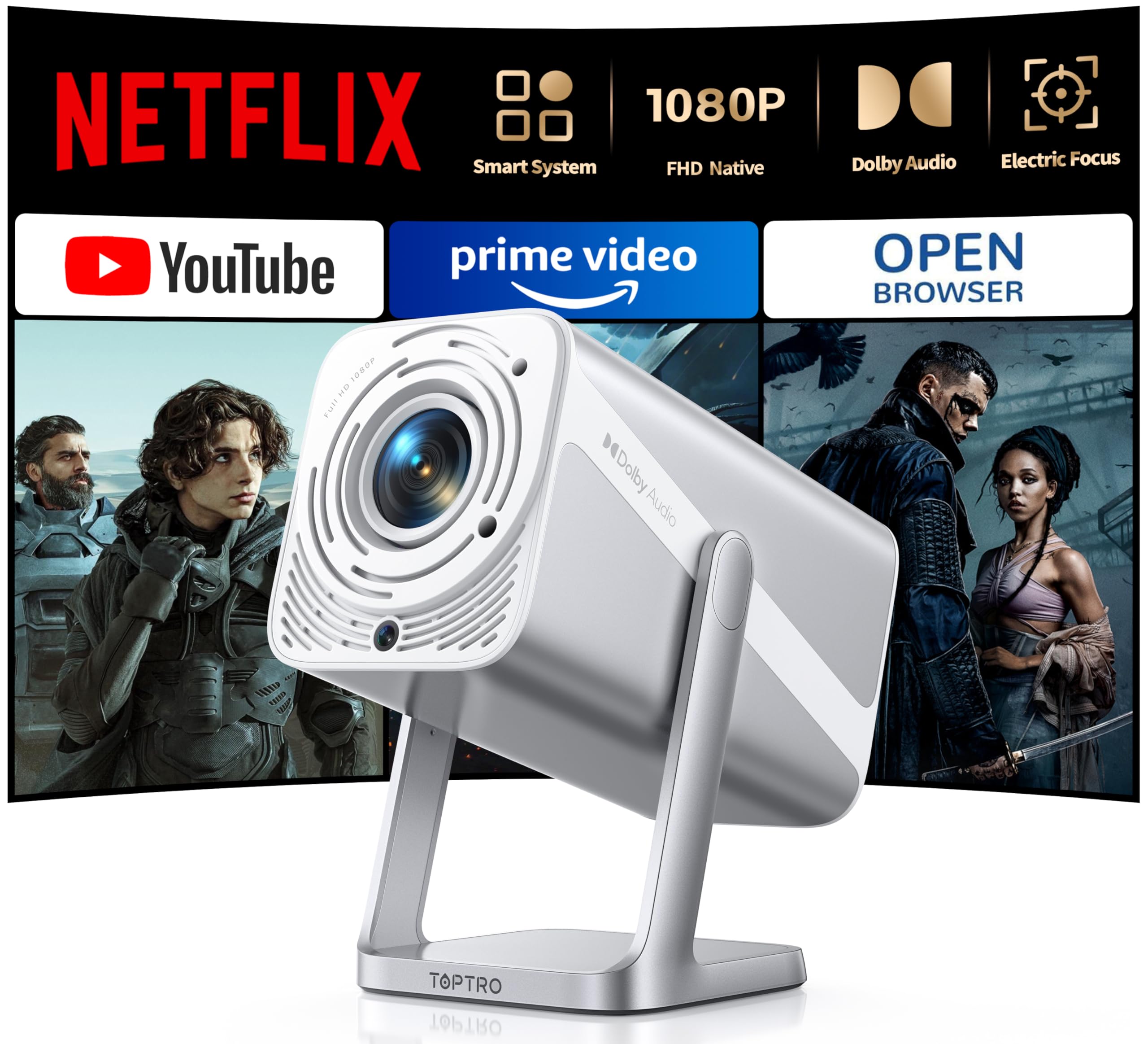 Projector【NetfIix Officially & DoIby Audio】Portable Smart Projector FHD 1080P 4K Supported, Two-Way Bluetooth WiFi 6, 50% Zoom 360° Rotatable Short Throw Home Movie Projectors for Bedroom, Outdoor, RV