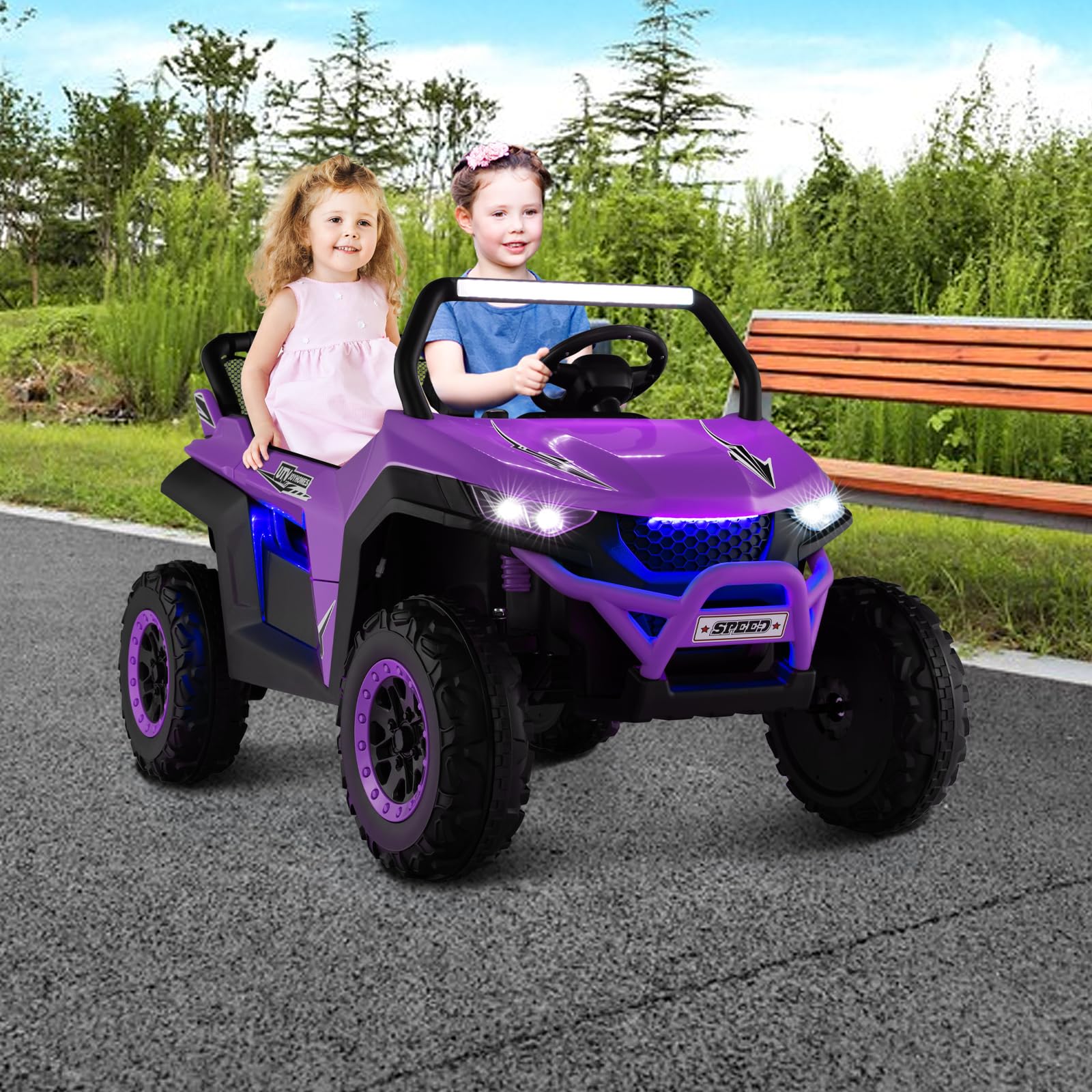 Kids Electric UTV, 2-Seater 12V Battery Powered Toy Car with Remote Control, Lights, Bluetooth, MP3, USB, FM, High/Low Speed & Suspension Spring, Children Ride on Car for 3-8 Years Old (Yellow)