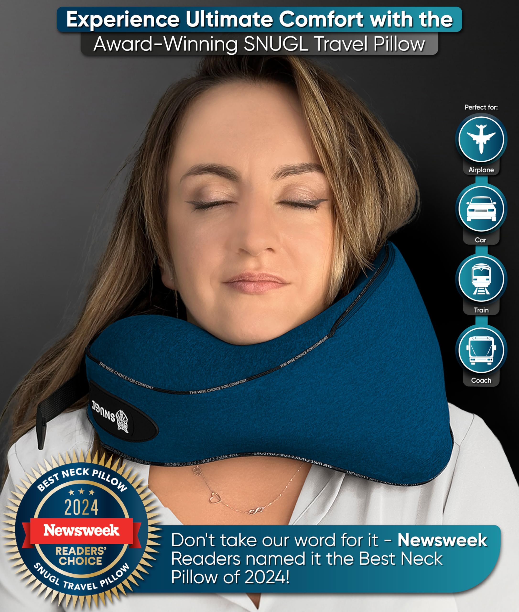 SNUGL Travel Pillow – Memory Foam Neck Pillow for Travel – Support Cushion for Airplane with Carry Bag & Clip - Holiday Essentials (Black - Adult Regular)