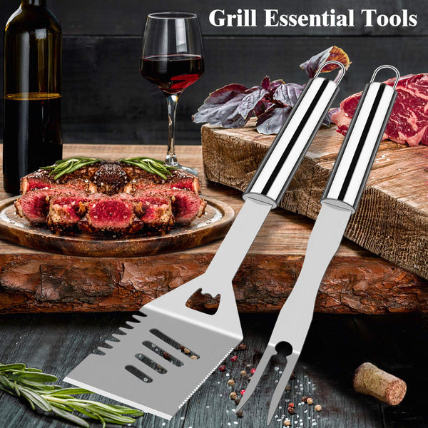 ROMANTICIST 26pcs Extra Thick Stainless Steel Grill Tool Set for Men, Heavy Duty Grilling Accessory Kit for Backyard, BBQ Utensils Gift Set with Meat Thermometer in Aluminum Case for Birthday Brown