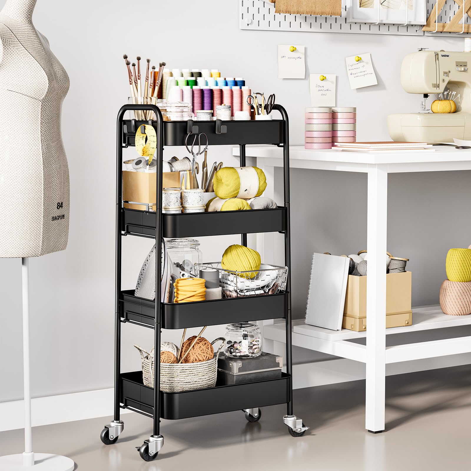 KINGRACK Rolling Storage Cart, 4 Tier Metal Utility Cart with Wheels & Hooks, Craft Art Esthetician Organizer, Easy Assembly Cart for Office Bathroom