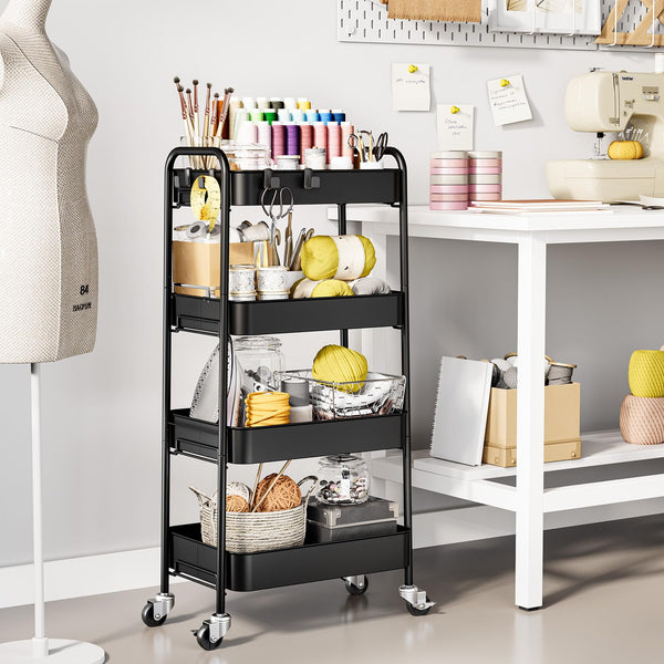 KINGRACK Rolling Storage Cart, 4 Tier Metal Utility Cart with Wheels & Hooks, Craft Art Esthetician Organizer, Easy Assembly Cart for Office Bathroom