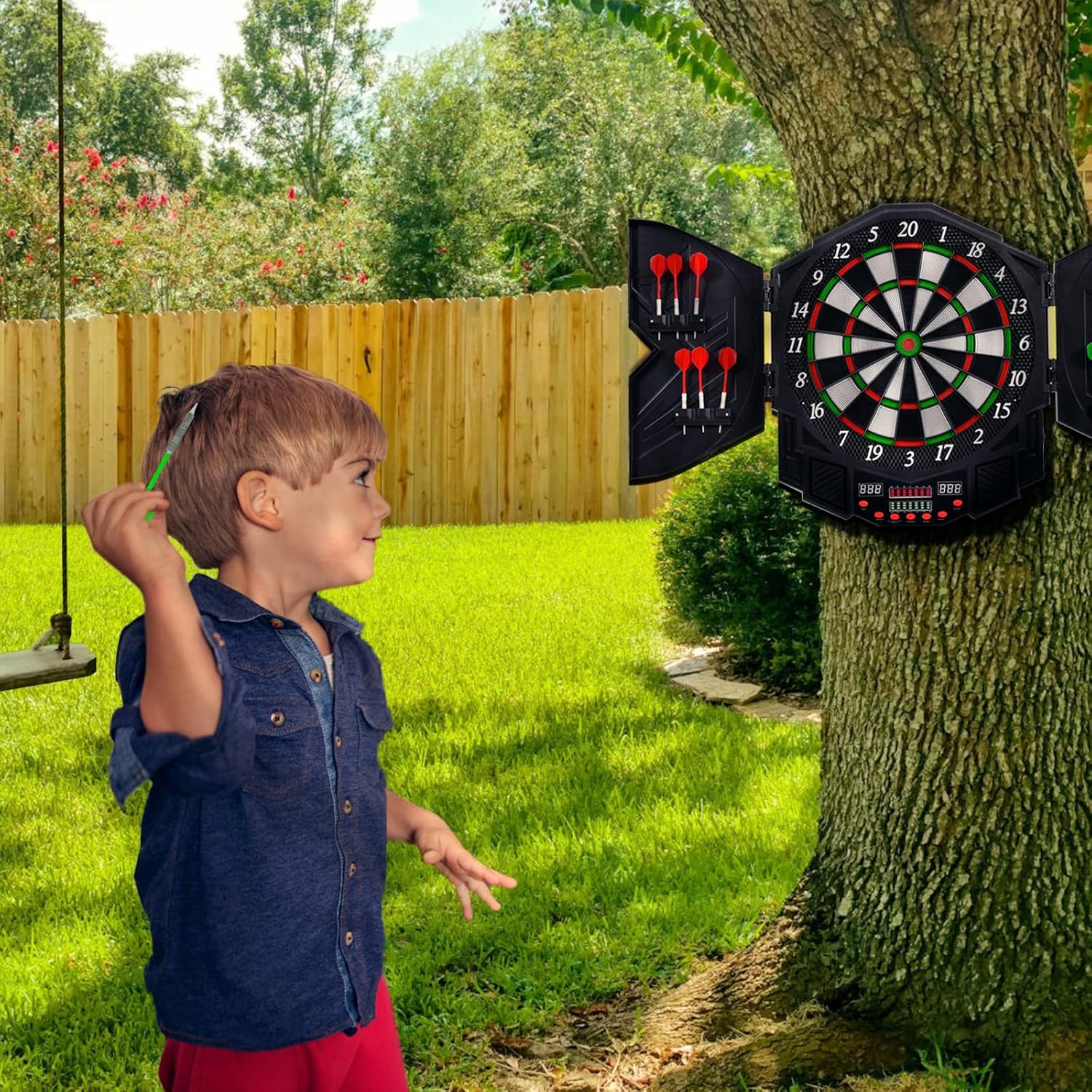 GYMAX Electronic Dart Board Set, Professional Hanging Dartboard with 12 Soft Tip Darts, Cabinet and LED Display, Aileron Target Dartboards for Kids Adults