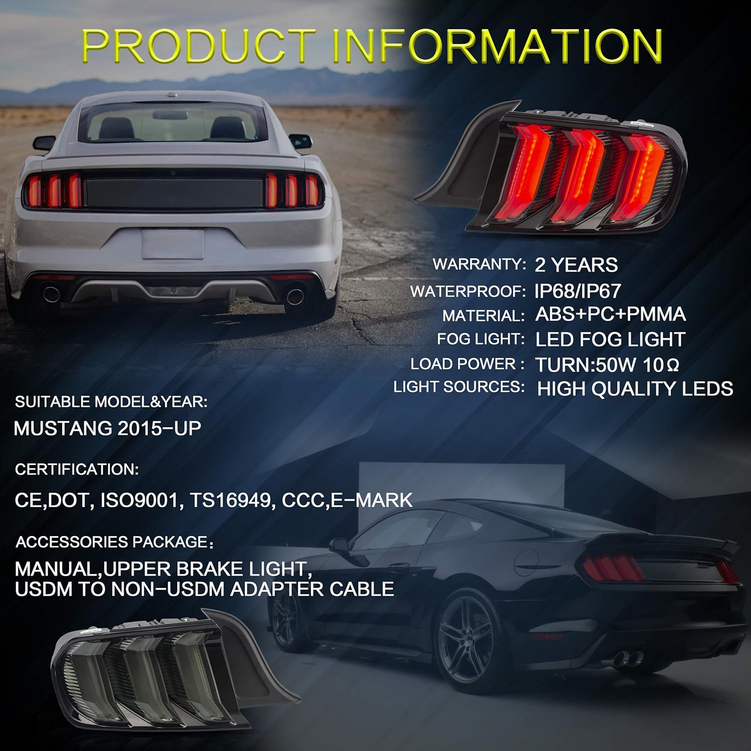 VLAND LED Tail lights Assembly Compatible with Ford Mustang 2015-2020, Rear Lights with Sequential Amber+Red Turn Signal (5 Lighting Modes) Smoked